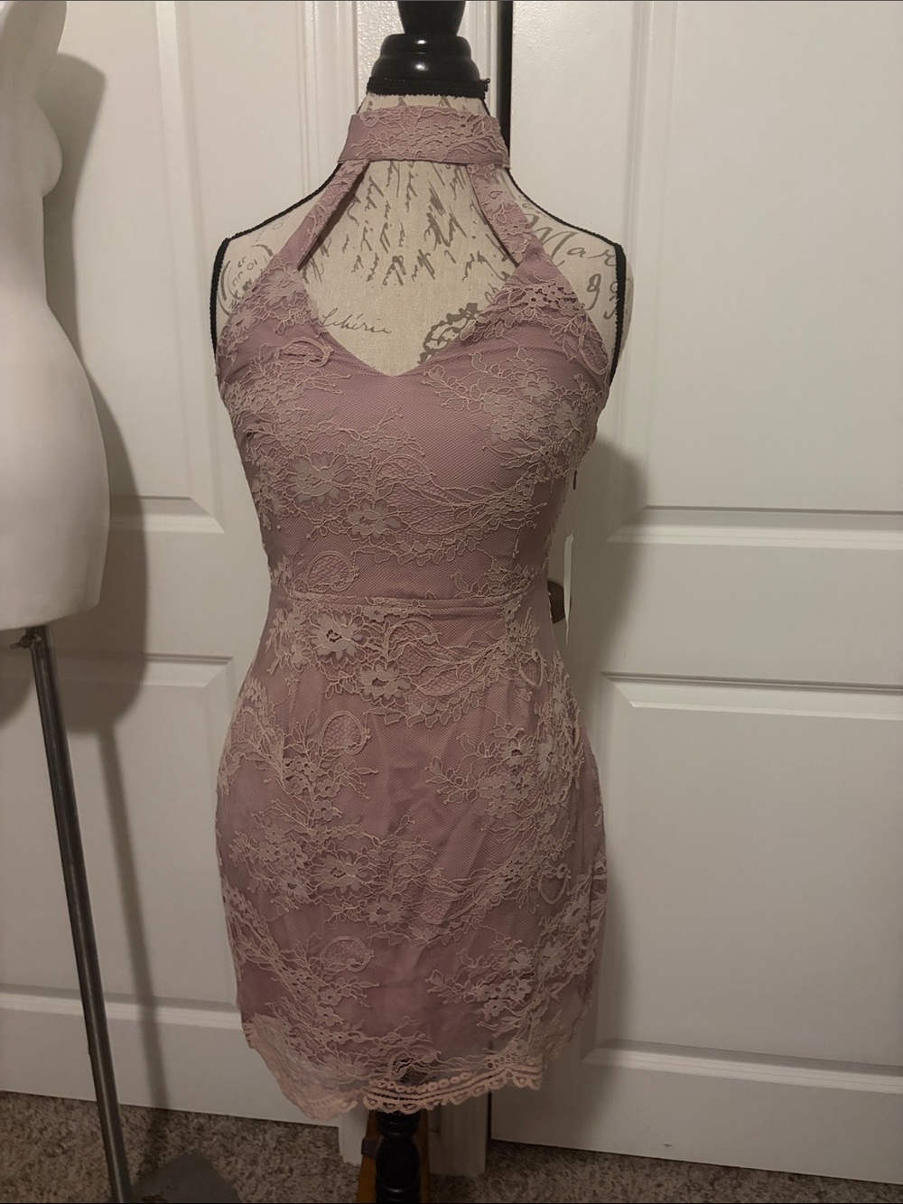 Tobi Mauve Lace Halter Bodycon Mini Dress